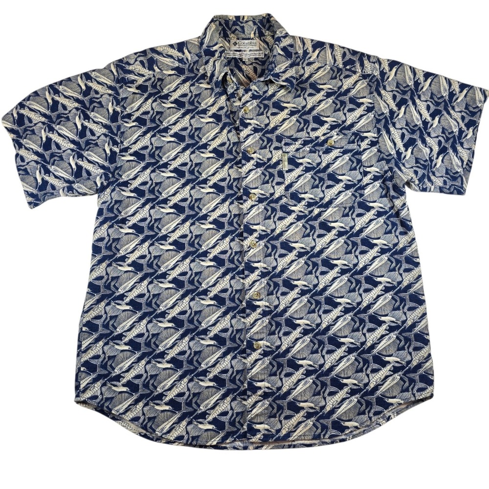 VTG Columbia Chambray Marlin Sailfish AOP 100% Cotton Button Down Shirt Men's L